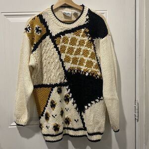 Vintage 70s THE VILLAGER Cream‎ Cable-knit Sweater Made In Korea Geometric L